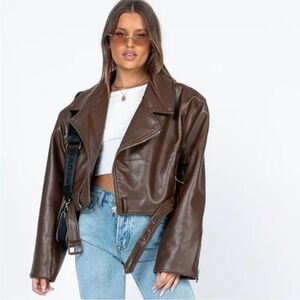 Lioness Staten Island Brown Faux Leather Moto Cropped Jacket XXS Oversized
